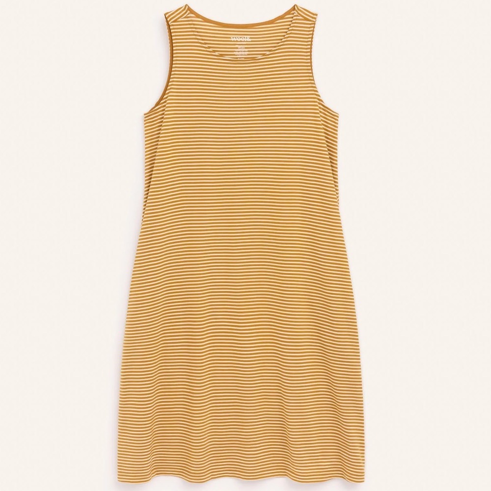 Wool& Camellia Merino Wool Tank Dress Ochre Natural Stripe Sleeveless - Medium